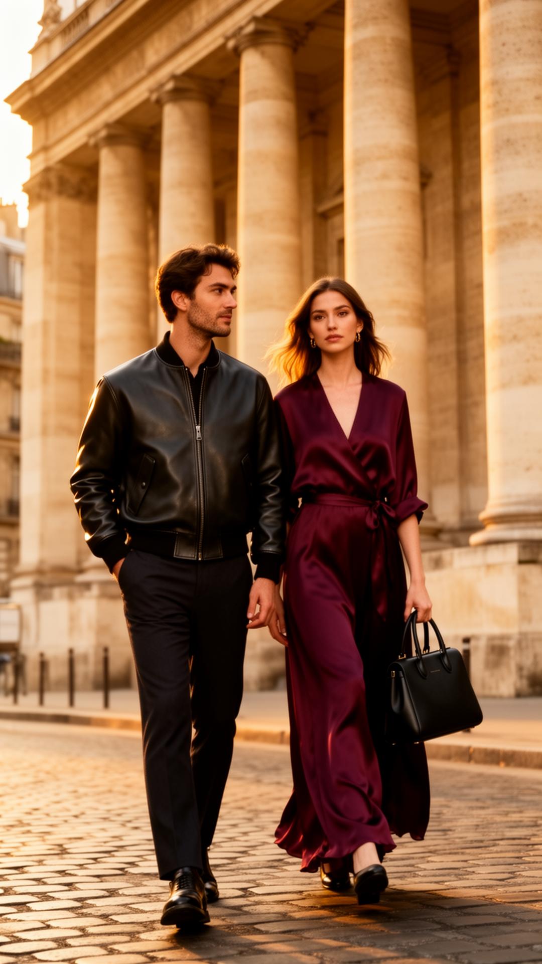 A couple in KAKAIYS leather captured in golden hour Parisian light