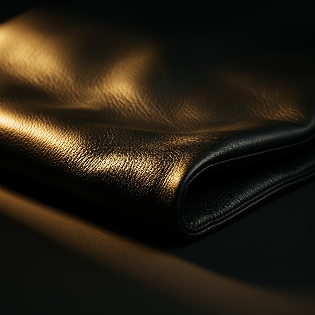 Macro detail of supple black KAKAIYS lambskin leather catching warm light