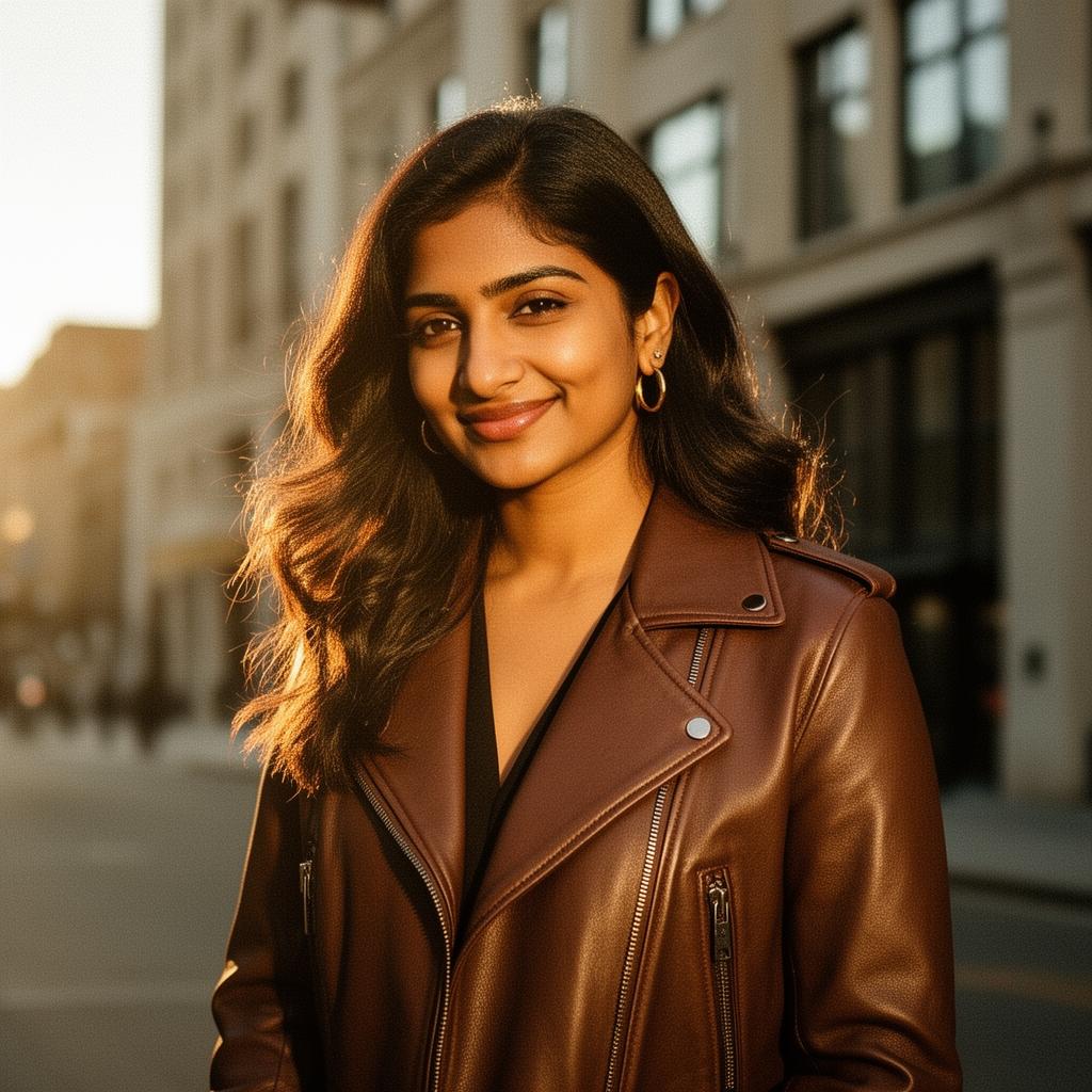 Priya S. wearing the Chocolate Moto Jacket